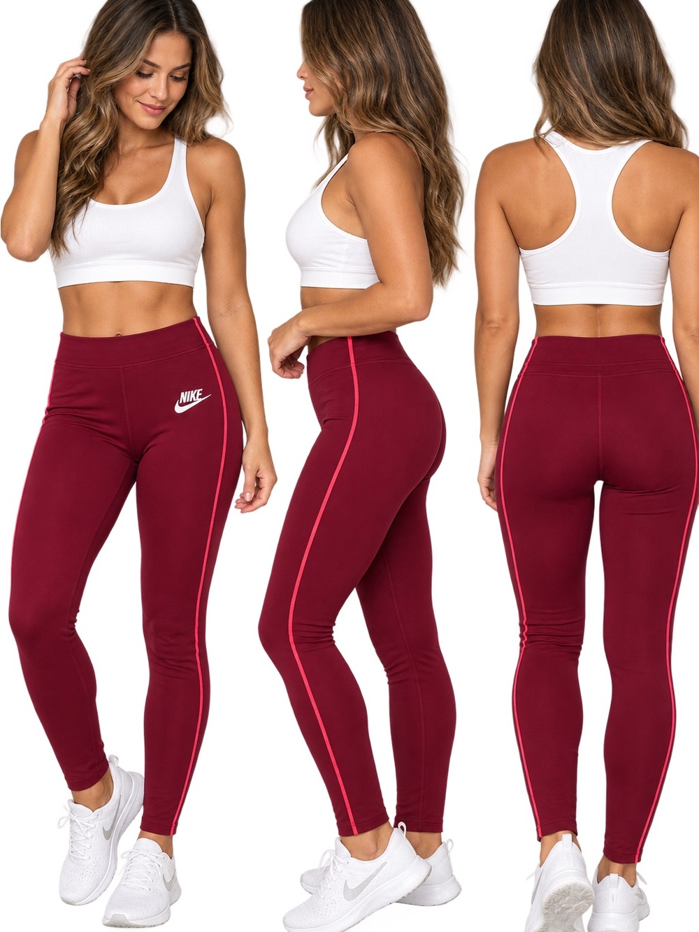 Nike Maroon Leggings with Pink Side Trim Tight Fit Collant size S